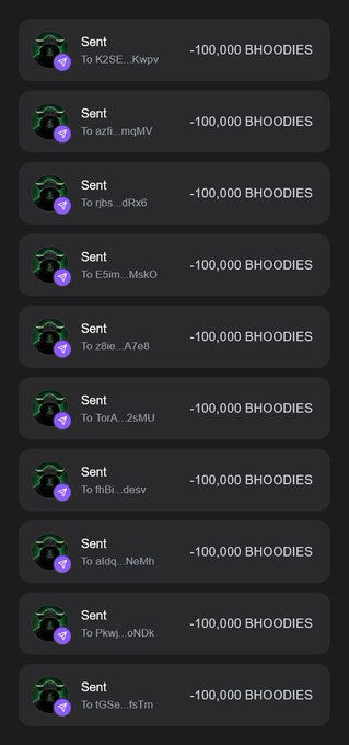 A screenshot showing multiple successful transactions, each sending "-100,000 BHOODIES" to various recipient addresses, supporting a crypto airdrop promotion where 100,000,000 $BHOODIES tokens are being distributed to participants who leave their $SOL wallet addresses.