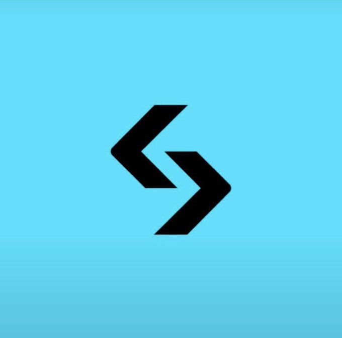 A black abstract logo consisting of two interlocking arrows forms an 'S' shape on a bright cyan background.