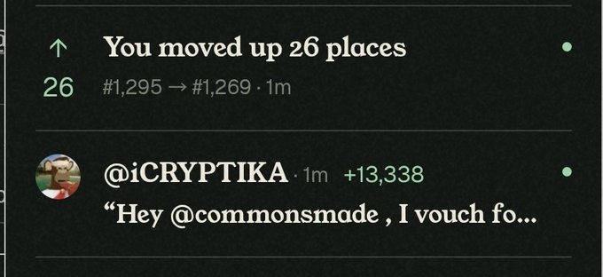 A leaderboard notification shows 'You moved up 26 places' with rank change from #1,295 to #1,269, and a vouch from @iCRYPTIKA below.