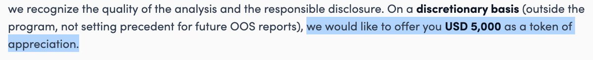 A highlighted text excerpt shows a company offering USD 5,000 on a discretionary basis in appreciation of responsible vulnerability disclosure. The image contrasts with the post's tongue-in-cheek suggestion of using AI to "hunt for vulnerabilities," highlighting that meaningful bug bounties still come from legitimate programs rather than AI-generated reports.