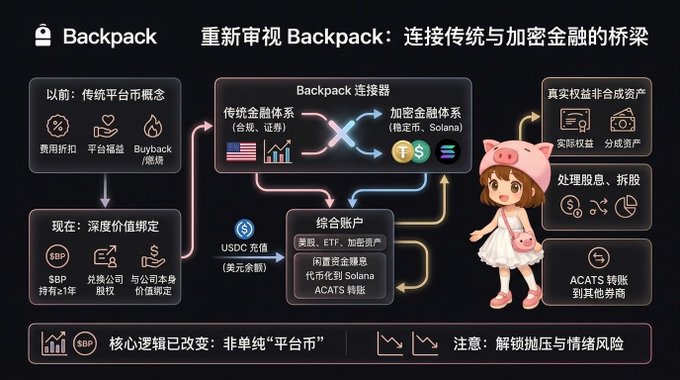 An infographic titled 'Backpack' in Chinese, explaining how it serves as a bridge connecting traditional and crypto finance through a connector linking traditional financial systems to crypto systems, with notes about depth value binding and SBP.