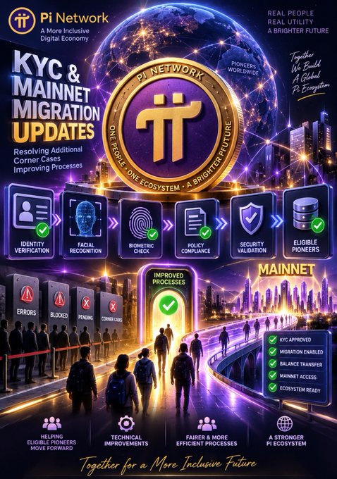 The image is a promotional graphic for Pi Network titled "KYC & MAINNET MIGRATION UPDATES," featuring a glowing gold Pi coin emblem against a futuristic cityscape background. It highlights a six-step verification flow (Identity Verification, Facial Recognition, Biometric Check, Policy Compliance, Security Validation, Eligible Pioneers) and lists issues being resolved (Errors, Blocked, Pending, Corner Cases), with a checkmark indicating KYC approval, migration enabled, and mainnet access features.