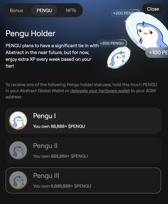 A mobile app screenshot titled 'Pengu Holder' showing tier levels (Pengu I, II, III) for holding $PENGU tokens, with a cartoon penguin mascot and PENGU NFT rewards.