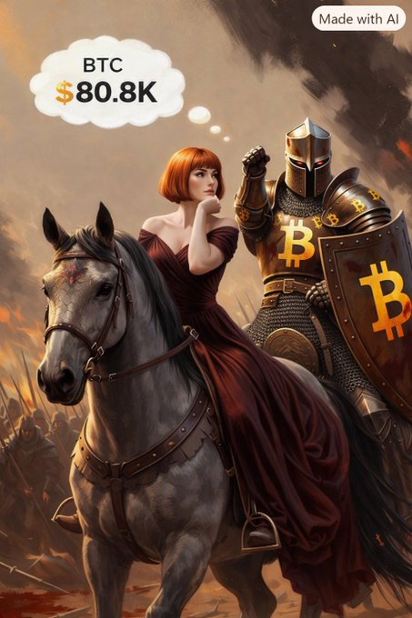 An AI-generated artwork featuring a woman on horseback dreaming of 'BTC $80.8K' alongside an armored knight with Bitcoin-themed shields.