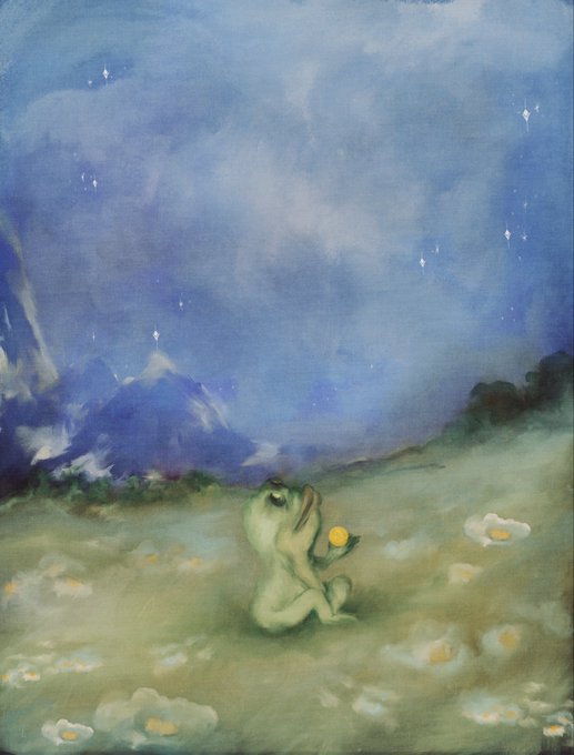 A surrealist painting depicts a green frog in a misty, cloud-filled landscape at twilight, gazing upward at a starry blue sky while holding a glowing yellow orb. The image aligns with the post's theme of "manifesting a decentralized future" by portraying a hopeful, otherworldly scene where the frog—as a symbol of optimism and belief in a dreamlike future—embraces a vision of what could be.