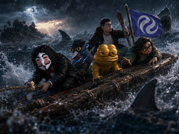 A dramatic AI-generated parody artwork depicting several characters clinging to a wooden raft in stormy seas with sharks and lightning; a purple flag with an 'S' symbol is raised, blending pop culture and crypto-themed imagery.