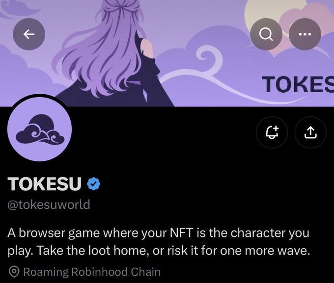 A profile page for TOKESU (@tokesuworld), a verified browser game on Roaming Robinhood Chain where NFTs serve as playable characters.