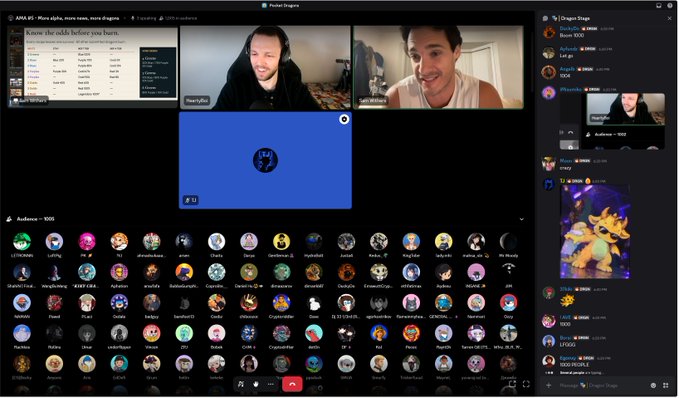 A Discord video chat session shows over 1,000 participants gathered for an AMA (Ask Me Anything) with Pocket Dragons, featuring two speakers with webcams at the top and a grid of countless attendee profile icons below, alongside an audience panel on the right.