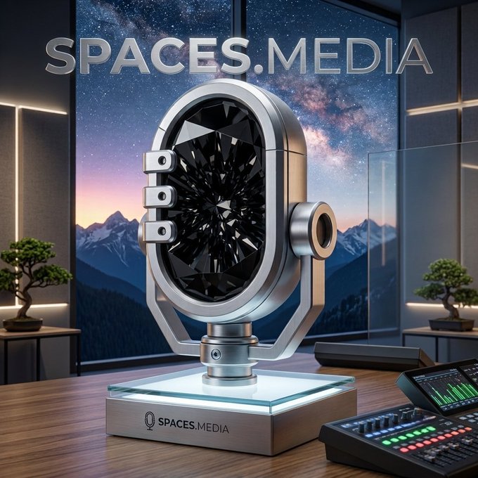 A promotional image displaying 'SPACES.MEDIA' watermark over a sleek silver mechanical device featuring a large black gemstone or lens, displayed on an illuminated pedestal in a modern room with a starry sky visible through windows.
