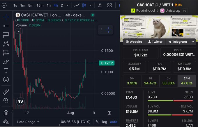 A 4h DexScreener chart of CASHCAT/WETH showing a price of $0.1212 with 47.81% 24h gain, $119.7M FDV, $16.5M volume, and 17,463 transactions, alongside a social panel featuring a cat meme.