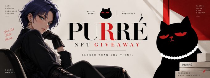The image is a promotional banner for a "PURRE NFT GIVEAWAY," featuring an anime-style character with blue hair next to a black cat wearing a pearl necklace, with text highlighting "Cats Culture," "Mission Purre," and "The Robinhood" along with the tagline "Closer than you think."

The banner directly ties into the post by advertising the Purré NFT giveaway mentioned alongside the Arc Punks WL giveaway, while also reinforcing the "Robinhood" and cat-themed branding the user promotes on their Telegram channel.