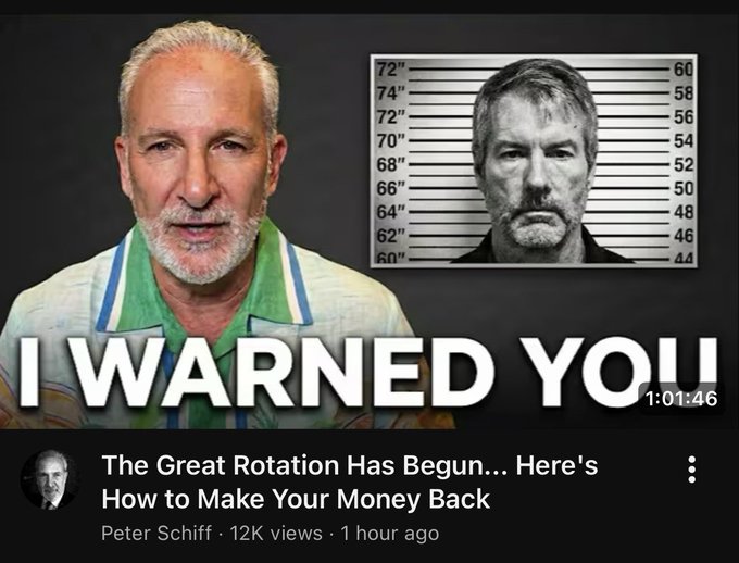 The image is a YouTube thumbnail by Peter Schiff titled "The Great Rotation Has Begun... Here's How to Make Your Money Back," featuring the bold text "I WARNED YOU!!" alongside a mugshot of another man, reinforcing Schiff's "bottom signal" post warning viewers about a market downturn he claims to have predicted.