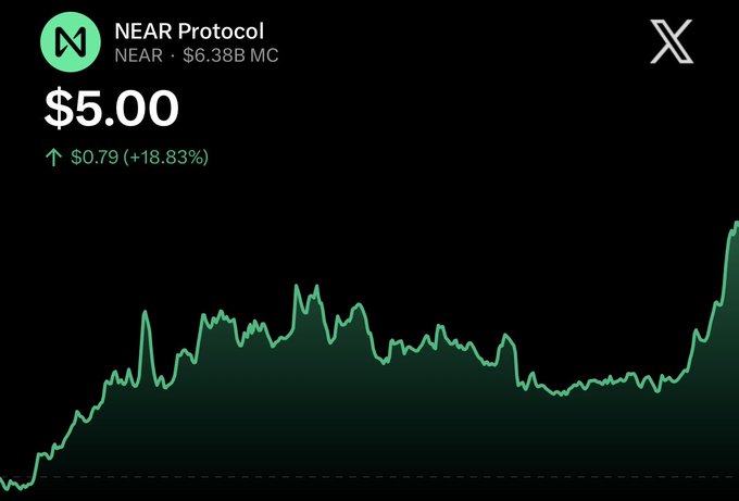 A cryptocurrency price chart showing NEAR Protocol at $5.00, up $0.79 (+18.83%), with a $6.38B market cap on the X platform.