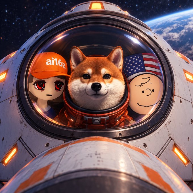 A digital illustration of three characters—a Shiba Inu dog in an orange spacesuit, a red-eyed anime character wearing an orange 'ai16z' cap, and a simple line-drawn face with an American flag hat—looking out from a spaceship window toward Earth.