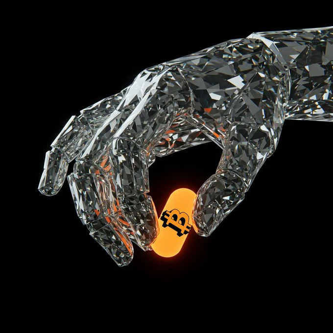 A crystal-like hand reaches down to pick up a glowing orange bitcoin pill, symbolizing the anticipated bull market in Bitcoin just around the corner.