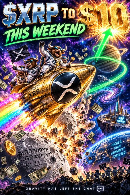 A vibrant, surreal promotional image features astronaut bulls riding an XRP rocket through space with text claiming '$XRP TO $10 THIS WEEKEND' and 'HIGHER THAN HUMANITY EXPECTED.'