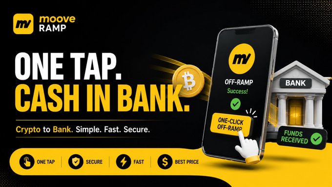 A promotional banner for 'moove RAMP' advertising crypto-to-bank off-ramp services with the tagline 'ONE TAP. CASH IN BANK.' highlighting features like secure, fast, and best price.