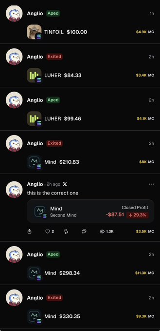 A series of social media posts by "Angilo" display various cryptocurrency trading positions, including TINFOIL, LUHER, and Mind, with profit/loss percentages and market caps in MC, all marked as "Aped" or "Exited".