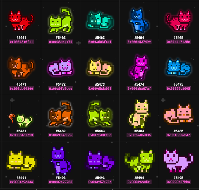 A grid displaying 20 pixel-art cat sprites in various colors (red, green, teal, blue, pink, orange, purple, yellow) against a black background. Each cat is labeled with a number (e.g., #5461, #5495) and a corresponding hex color code.