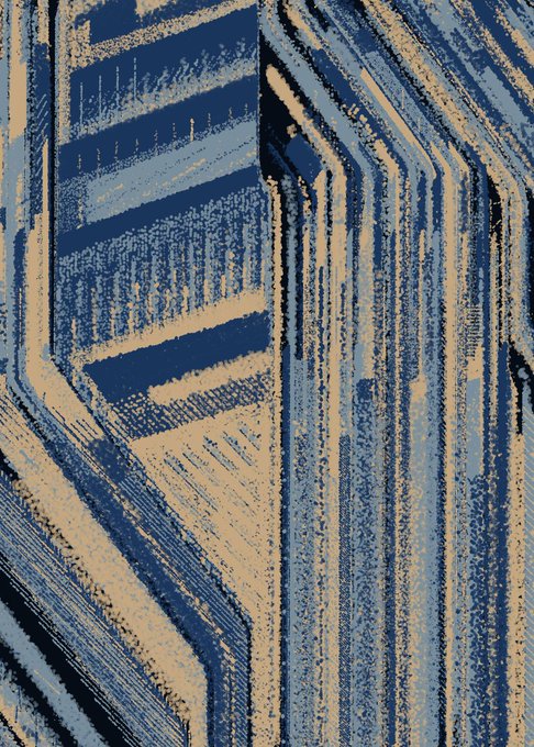 An abstract geometric pattern featuring alternating blue and beige striped shapes with a textured, sketched appearance.