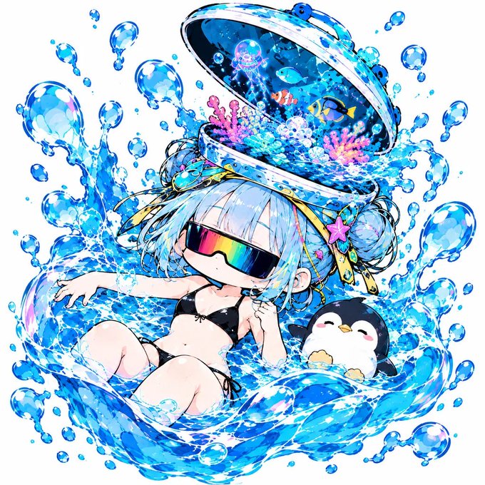 Anime artwork of a blue-haired girl in a bikini and sunglasses, with a small penguin, surrounded by a fishbowl filled with water and colorful bubbles.