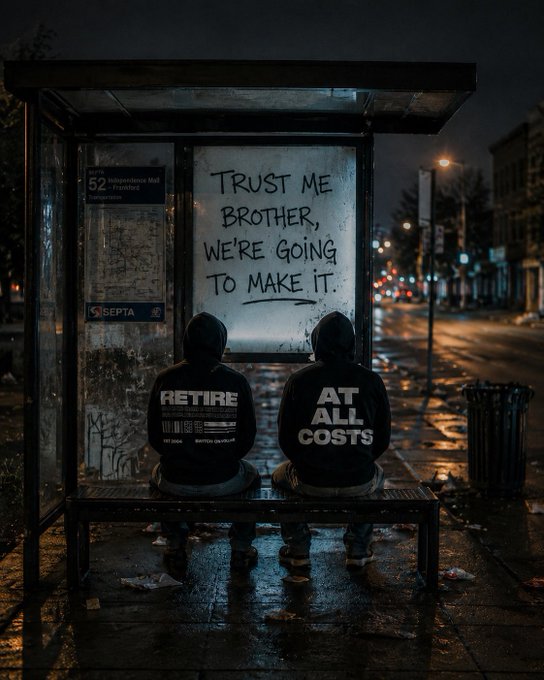 Two hooded figures sit on a bench at a wet bus stop at night, with graffiti reading 'TRUST ME BROTHER, WE'RE GOING TO MAKE IT.' on the wall, and their jackets labeled 'RETIRE' and 'AT ALL COSTS'.
