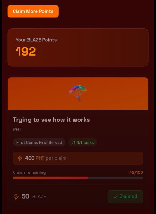 A mobile app interface shows 192 BLAZE Points and a completed claim of 50 BLAZE for 400 PHT per claim, with 42/100 claims remaining on a task titled 'Trying to see how it works'.