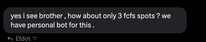 The image shows a message from someone named "Efoto" that reads, "yes i see brother, how about 3 FCF spots we have personal bot for this?". The text appears to be written by a messaging app or bot rather than a human user.
