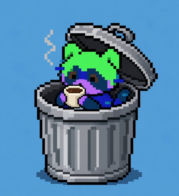 Pixel art of a sad green and purple creature holding a small cup while sitting inside an open metal trash can against a solid blue background.