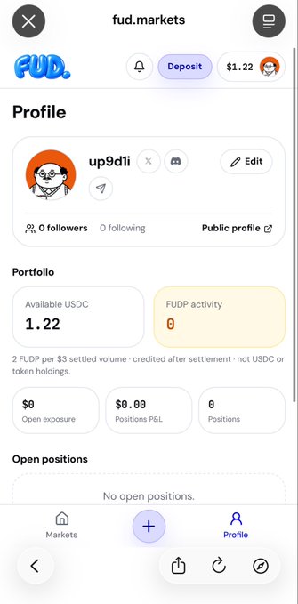 A FUD Markets app profile screenshot for user 'up9dli' showing an Available USDC balance of 1.22.