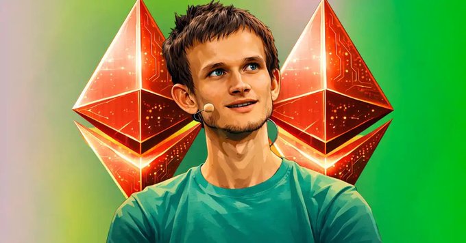 A digital illustration of Vitalik Buterin in a green shirt with two glowing orange Ethereum logos behind him.