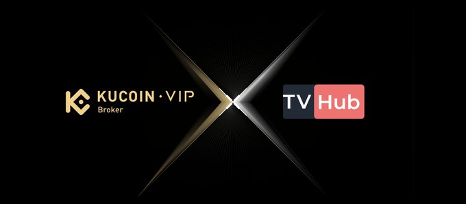 Promotional graphic on a black background showing the KuCoin VIP Broker logo on the left and the TV Hub logo on the right, separated by an X-shaped design.