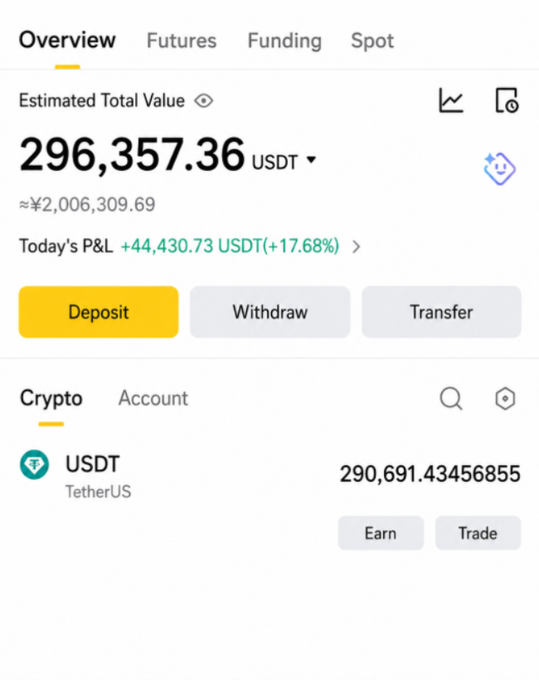 Crypto exchange app screenshot (Binance) showing an Estimated Total Value of 296,357.36 USDT (≈¥2,006,309.69) with Today's P&L of +44,430.73 USDT (+17.68%), holding 290,691.43 USDT.