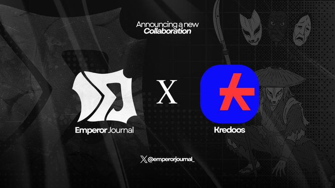 The image announces a new collaboration between "Emperor Journal" (@emperorjournal_) and "Kredoos," featuring their logos alongside an "X" symbol on a dark background with shadowy figures and masks. The post promotes their joint venture in building an on-chain fighting game where NFTs serve as playable heroes with rarity-based battle advantages.