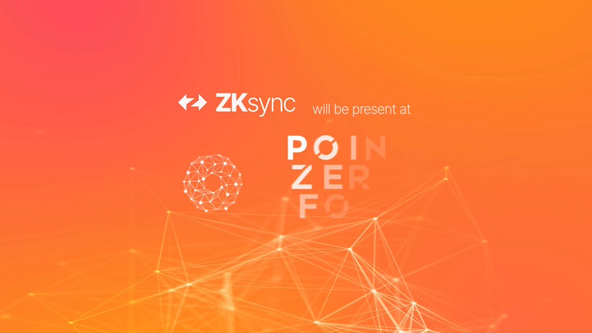 The image features a large orange background with white text that reads "ZKSync will be present at Poinerfo". The text is surrounded by small white lines, creating an abstract pattern. In the bottom right corner of the image, there's a small logo for ZKsync.