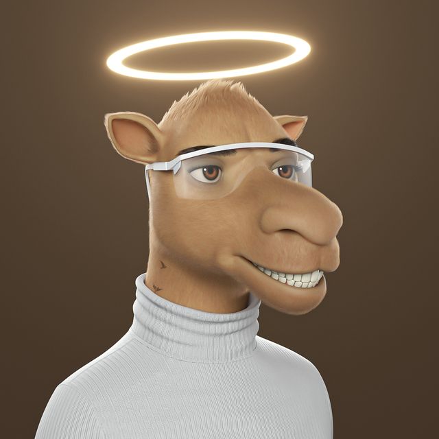 A 3D-rendered character of a camel wearing a glowing yellow halo and clear protective goggles, dressed in a white turtleneck sweater against a brown background.