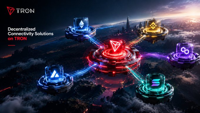 A promotional graphic for TRON, featuring the text 'Decentralized Connectivity Solutions on TRON' alongside a network of glowing blockchain nodes above a futuristic city.
