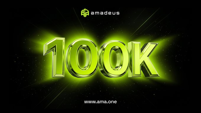 A promotional graphic with the 'amadeus' logo at the top features large glowing green 3D text reading '100K' on a black background, with 'www.ama.one' displayed at the bottom.