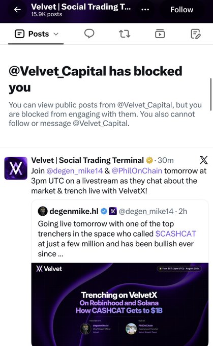 A mobile screenshot from X (formerly Twitter) showing the user has been blocked by @Velvet_Capital, with a visible post from Velvet about an upcoming livestream discussing $CASHCAT on Robinhood and Solana.