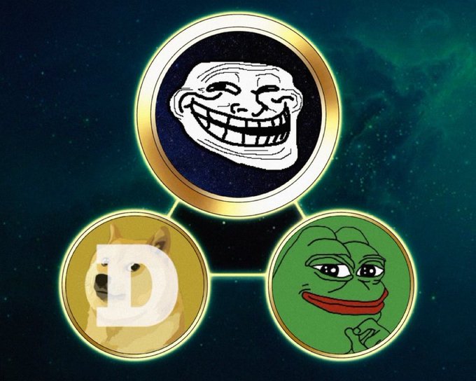 The image displays three interconnected cryptocurrency coins featuring meme faces against a cosmic background: a classic Trollface coin (representing $TROLL) at the top, a Dogecoin coin marked with a "D" at the bottom left, and a Pepe the Frog coin at the bottom right. This visual reinforces the post's request to "Return 2 memes" by showcasing popular meme-based cryptocurrencies tied together in a triangular arrangement, highlighting $TROLL alongside other iconic meme coins.