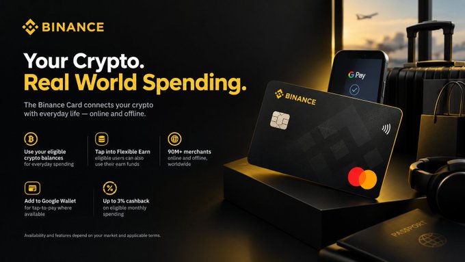 A Binance promotional image showcases a sleek black Binance credit card (with Mastercard logo) propped against a smartphone displaying Google Pay, with luggage and a passport in the background symbolizing travel. The ad highlights key features including Google Wallet integration for tap-to-pay, up to 3% cashback on eligible monthly spending, and acceptance at 90M+ merchants worldwide.

This visual directly illustrates the post's point about practical crypto utility — showing how the Binance Card bridges digital assets with real-world, everyday transactions like online shopping and travel purchases.