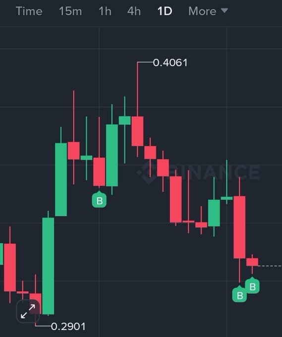 A 1-day Binance candlestick chart showing price movement between 0.2901 and 0.4061, with green and red candles indicating market volatility.