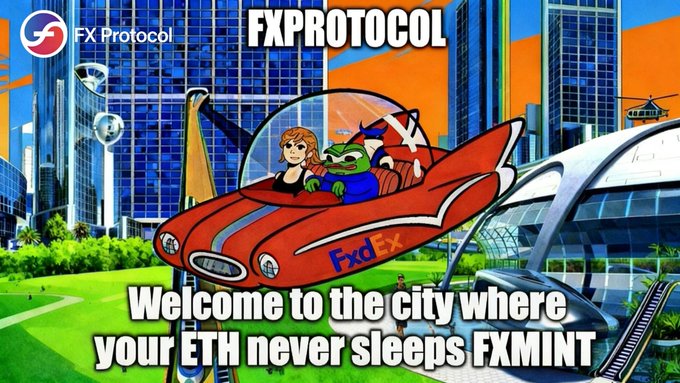 A cartoon-style promotional image for FXPROTOCOL featuring animated characters in a red flying car against a futuristic city skyline, with text reading 'Welcome to the city where your ETH never sleeps FXMINT'.