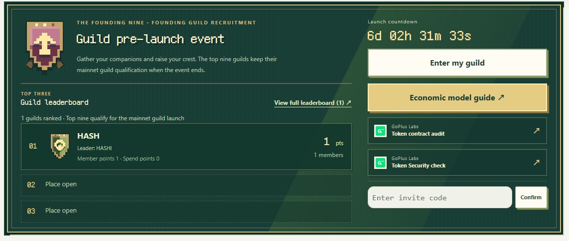 A "Guild pre-launch event" webpage for "The Founding Nine - Founding Guild Recruitment," showing a leaderboard with HASHI guild ranked #1 with 1 point and 1 member, a launch countdown of 6 days 02h 31m 33s, and options to enter a guild, view an economic model guide, and access token audit/security check links.