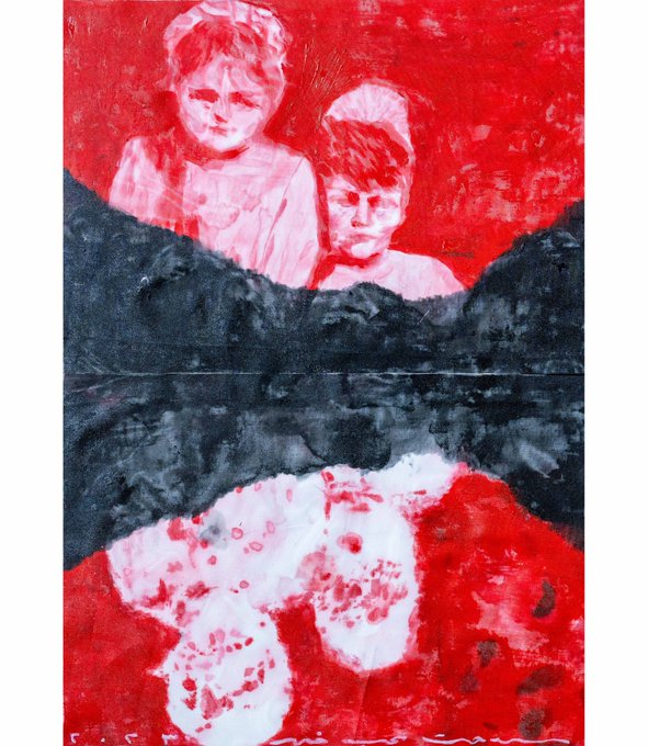 An abstract red and black painting depicting two children's faces in the upper portion above a landscape, with white and red abstract shapes at the bottom.