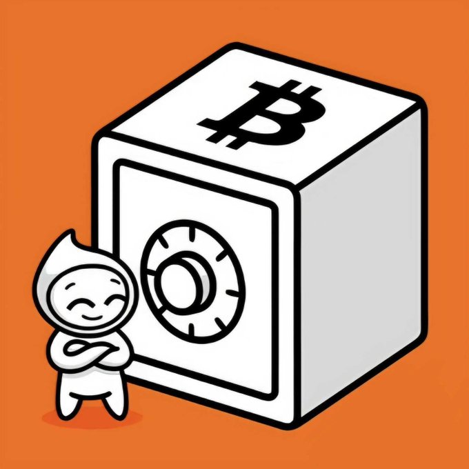 A cartoon illustration of a small character in a hoodie standing next to a white Bitcoin-branded safe on an orange background.