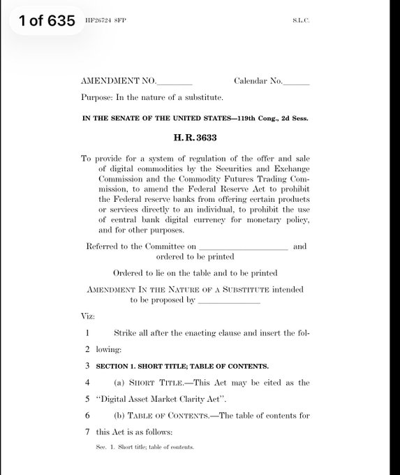 First page of a US legislative document titled 'AMENDMENT NO.' and 'Calendar No.' relating to H.R.3633, a bill concerning the 'system of regulation of the offer and sale of digital commodities' and a proposed 'Digital Asset Market Clarity Act'.