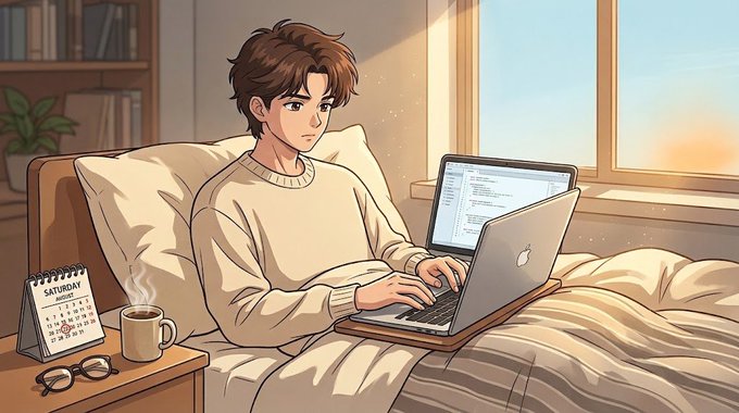 A young man with brown hair relaxes in bed with a steaming coffee mug, working on his laptop displaying lines of code, while a small calendar on the nightstand shows "SATURDAY" — perfectly matching the "happy saturday frens" vibe of productive weekend coding.