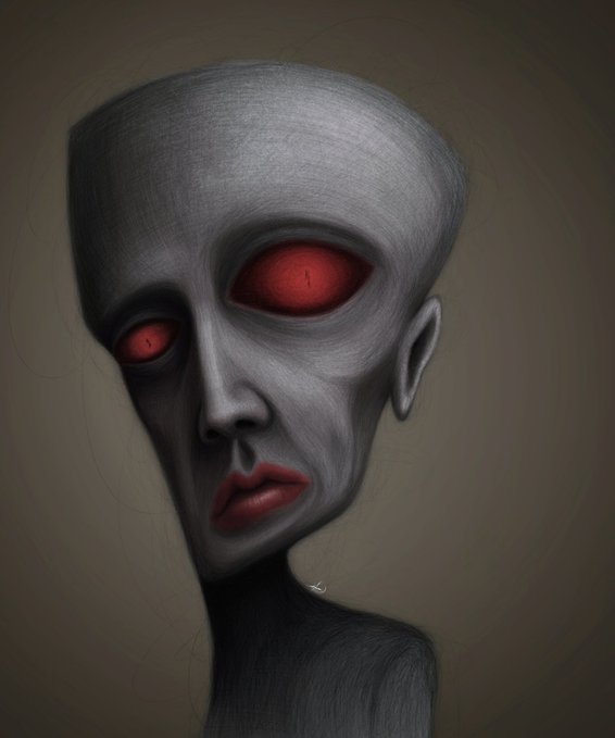 A surreal digital portrait of a pale, bald humanoid figure with a large cranium, set against a muted olive background. The character has glowing red eyes and red lips, with a moody, eerie aesthetic that aligns with the "portrait 4" NFT listed at 0.07Ξ on Transient Lab.