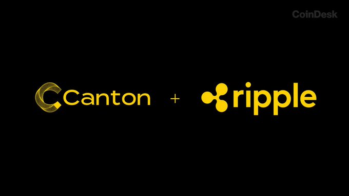 The image displays the logos of Canton Network and Ripple side by side with a plus sign between them on a black background, with "CoinDesk" watermark in the corner. It visually represents Ripple Custody's new integration with Canton Network, as announced in the accompanying post.